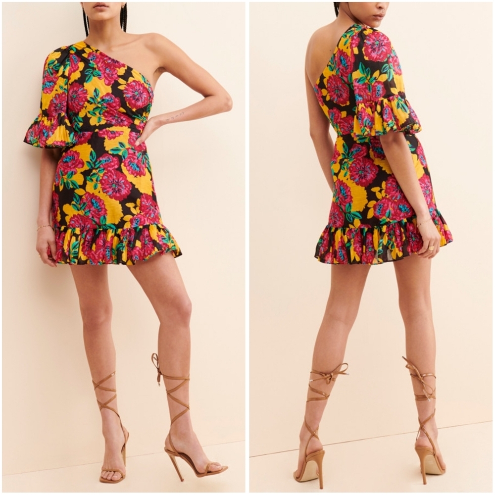 La Maison Talulah Barcelona Bloom Floral One Sleeve Mini Dress Silk Blen…